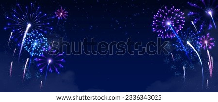 Festival fireworks at sky background. New Year and Christmas greeting and invitation postcard design. Space for text, presentation. Poster, cover or banner. Cartoon flat vector illustration Royalty-Free Stock Photo #2336343025