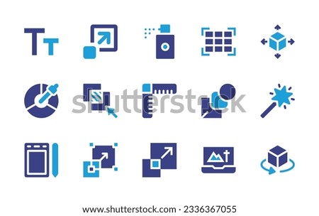Graphic design icon collection. Duotone color. Vector illustration. Containing font size, zoom in, spray, grid, cube, pipette, object, ruler, blend, magic wand, graphic tablet, scale, laptop, view.