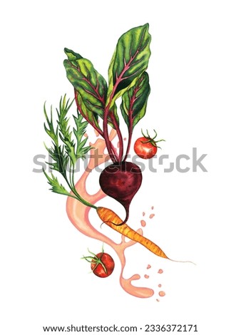 Watercolor vegetable composition with hand drawn beetroot, cherry tomato, carrot and juicy splash. Decor for vegetables product, juice, banner, menu isolated on white