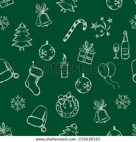 Vector Seamless Sketch New Year and Christmas Pattern on Dark Green Background