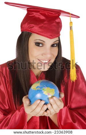 Beautiful Caucasian student wearing a red graduation gown and holding a globe isolated on a white background. Illustrating the concept The world in the palm of hand hand