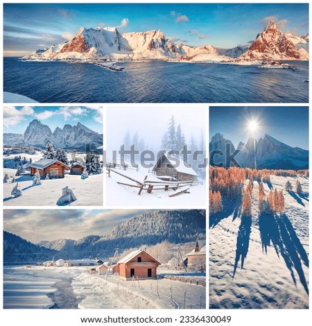 Winter collage. Set of beautiful winter landscapes arranged in a square. Wonderful outdoor scene of snowy mountains, valleys and seaside. Beauty of nature concept background. Christmas postcard.
