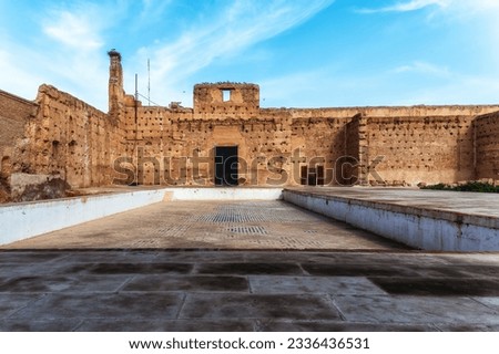 El Badi Palace or Badi' Palace which is a ruined palace located in Marrakesh, Morocco. It was founded by the sultan Ahmad al-Mansur of the Saadian dynasty in 1578. Royalty-Free Stock Photo #2336436531