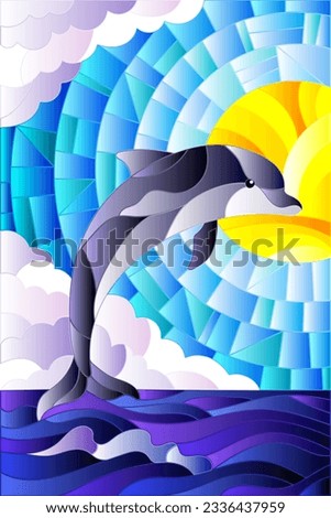 Illustration in the style of a stained glass window with dolphin on the background of the sunny sky and the sea