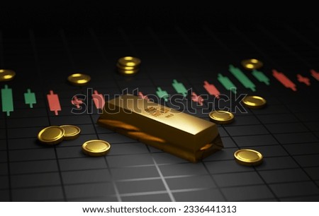 Discover the allure of financial prosperity with this stunning 3D render. Gold bars and coins on a candlestick graph against a black background symbolize wealth, success, and investment opportunities. Royalty-Free Stock Photo #2336441313