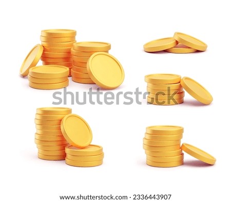Set of stacked gold blank metal coins, 3D realistic money, cash, treasure heap. Game assets, payment signs, bank, finance symbols vector illustration isolated on white background Royalty-Free Stock Photo #2336443907