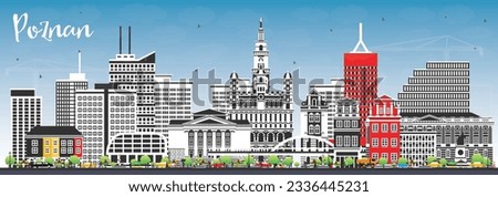 Poznan Poland City Skyline with Color Buildings and Blue Sky. Vector Illustration. Poznan Cityscape with Landmarks. Business Travel and Tourism Concept with Historic Architecture.