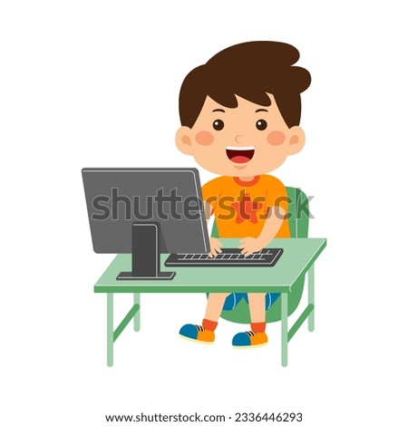cute little kid boy use computer
