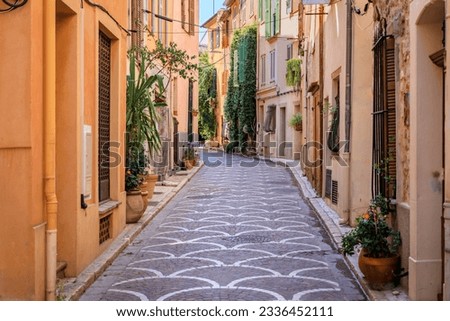 Ornate mosaic street pavement between traditional old houses near the covered provencal farmers market in old town or Vieil Antibes, South of France Royalty-Free Stock Photo #2336452111