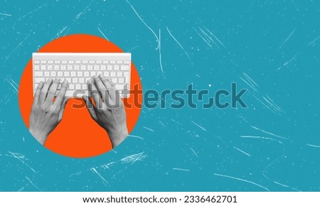 Contemporary art collage. Creative design. Female hands typing on a computer keyboard. Mass media, journalism, business. Concept of surrealism, news, information, occupation, imagination, and artwork.