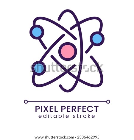 Atom structure pixel perfect RGB color icon. Smallest particle. Molecular structure. Atomic organization. Isolated vector illustration. Simple filled line drawing. Editable stroke. Poppins font used