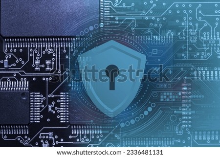 printed circuit board with active and passive surface mounted components close up. Cyber security concept