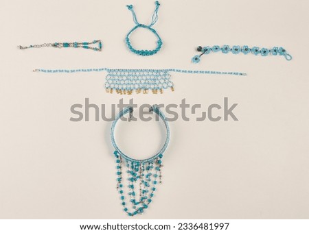 Elegant jewelry set ring, necklace and earrings with diamonds.Product still life concept. Modern and decorative white background. Isolated.