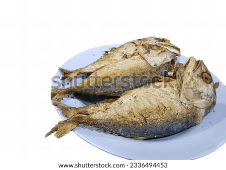 a photography of a plate of fish on a white table, there are two fish on a plate on a white table.