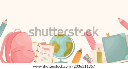 Composition of stationery illustrations: globe, notebook, book, backpack, marker, pencils, eraser, ruler, paperclip, bookmark. Vector Banner, Art Supplies. Cute Cartoon Style.