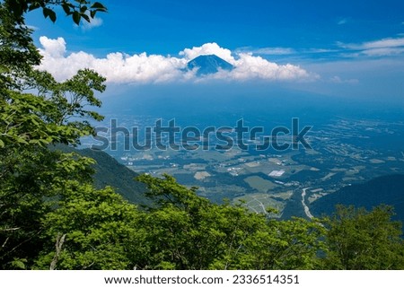 A spectacular view of mt.Fuji from mt.kenashi in summer,   Fujinomiya City,  Shizuoka Prefecture,  Japan Royalty-Free Stock Photo #2336514351