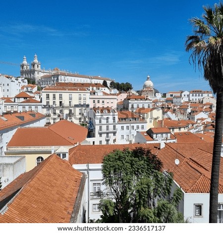 Panoramic view of the beautiful skyline of Lisbon, Portugal, with red roofed, colorful houses on a bright day with blue sky