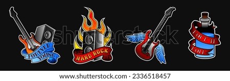 Hard Rock Music Emblem with Electric Guitar and Flame Vector Set