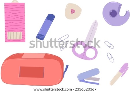 set of school supplies, stationery tools isolated on white background