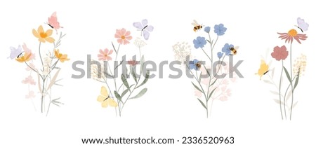 Set of botanical bouquet vector element. Collection of butterfly, bee, flowers, wildflowers, leaves branch. Watercolor floral illustration design for logo, wedding, invitation, decor, print.