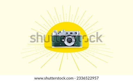 Stylish retro camera over light background with abstract design elements. Contemporary art collage. Concept of world photography day, creative, abstract art, holiday, profession. Poster, banner, ad