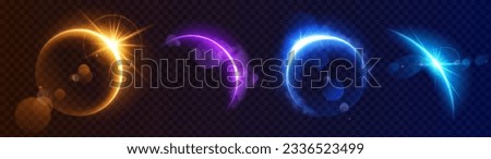 Moon eclipse light flare horizon space background. Abstract sunrise ring sparkle on earth planet design set. Gold, blue and purple crescent orbit edge glow with magic realistic cloud smoke shine. Royalty-Free Stock Photo #2336523499