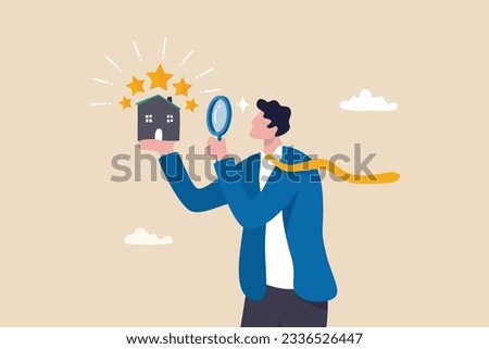 Property appraisal or price evaluation, housing assessment for market value, residential sale, rating or real estate review concept, businessman appraiser magnifier review property with star rating. Royalty-Free Stock Photo #2336526447