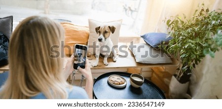 Woman taking photo of cute dog influencer. Social media content creator. Taking photo with cell phone in pet friendly cafe with wooden bench and plants. Long horizontal banner size