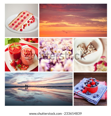 Mosaic of few pictures from holidays on a sea side:sunsets, berries, wild strawberry layer cake. Made as a postcard from holidays. Nobody.