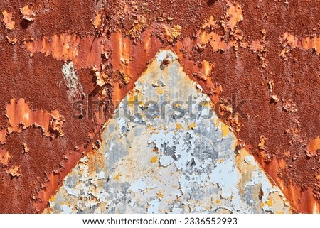 Silver pyramid, rusty wall background, asset, dirty brown, orange, rusted panel, corroding