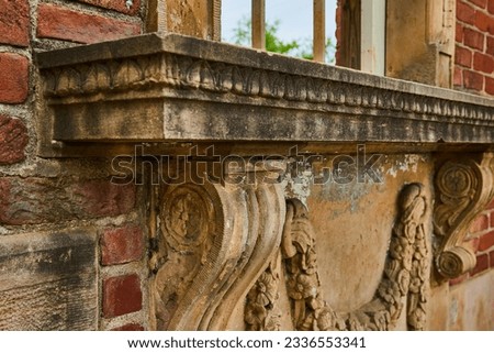 Abandoned run down old mansion called Heigold House Facade close up of window ledge Royalty-Free Stock Photo #2336553341