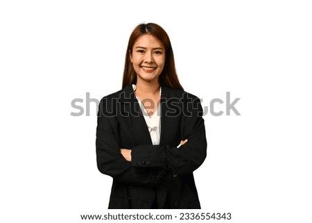 Confident businesswoman with crossed arms in formal clothing standing isolated over white background