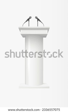 Podium tribune with microphones isolated on transparent background. Design rostrum stands. Abstract concept graphic element for business presentation, conference. Vector