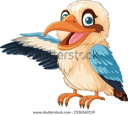 A cartoon illustration of a smiling kookaburra bird standing with one wing open, isolated on a white background illustration