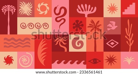 Vector logo and print design templates, summer palms, tropical hand drawn illustrations, tropical surfing concept, vacation and travel, palm trees and hippie boho elements Royalty-Free Stock Photo #2336561461