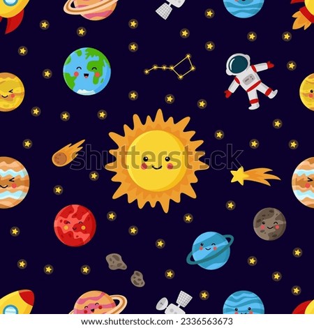 Space seamless pattern with cute smiling Sun and planets.