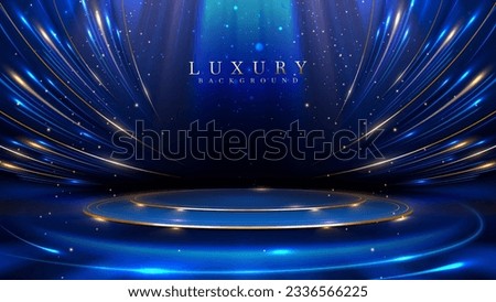 Empty podium golden on blue background with light neon effects with bokeh decorations. Luxury scene design concept. Vector illustrations. Royalty-Free Stock Photo #2336566225