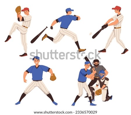Set of happy young baseball players in different poses flat style, vector illustration isolated on white background. American sport game, fun, athletic boys