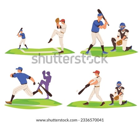 Baseball game scenes collection flat cartoon vector illustration isolated on white background. Baseball sport competition and entertainment for public set.