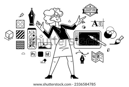 Graphic designer doing some creative job using computer software, digital visual artist working on a project vector outline illustration, composing and editing. Royalty-Free Stock Photo #2336584785