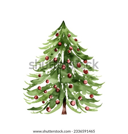 Vector watercolor Christmas tree with balls isolated on white