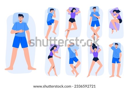 Set of different sleeping poses. Women and men lie in various poses. Nap or night sleeping positions. Top view. Vector illustrations in flat style.