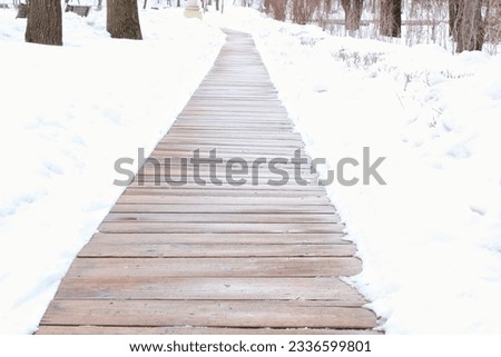 Wooden boardwalk in the forest at winter day. Walking path in public park. Path with wooden fences at winter and frosty nature
