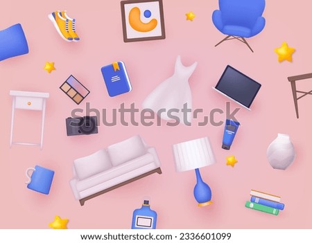 Background with shopping items. Online shopping on application and website concept, digital marketing online. 3D Web Vector Illustration. Royalty-Free Stock Photo #2336601099