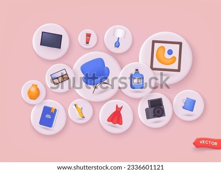 Background with shopping items. Online shopping on application and website concept, digital marketing online. 3D Web Vector Illustration. Royalty-Free Stock Photo #2336601121
