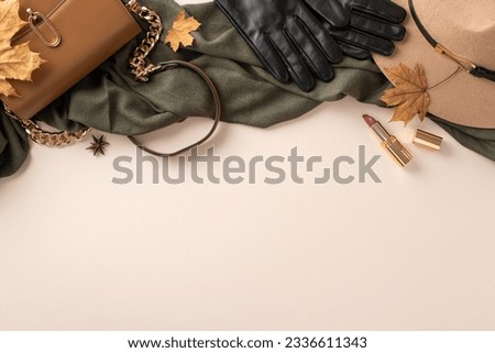 Elevate your fall fashion with chic and warm essentials: purse, a fashionable felt hat, black gloves and scarf, and sunglasses. Top view image on white isolated background, copyspace for text or ad