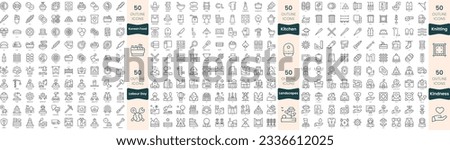 300 thin line icons bundle. In this set include kindness, kitchen, knitting, korean food, labour day, landscapes Royalty-Free Stock Photo #2336612025