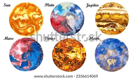 Planets of the Solar System watercolour poster set. Set of watercolor planets on an isolated white background, space, illustration, hand drawing, saturn, pluto, earth, uranium. Galaxy planet clip art.