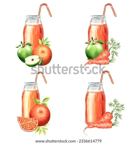 Clip art of orange bottle, carrot, orange and apple. Watercolor illustration JPEG for design, fabrics, wrapping paper, wallpaper, covers, greeting cards, prints on clothing, textiles, embroidery.