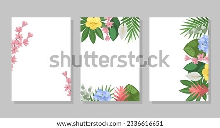 Set of tropical flower compositions, backgrounds, frames, postcards. Vector botanical illustration for booklet, invitation or flyer.
